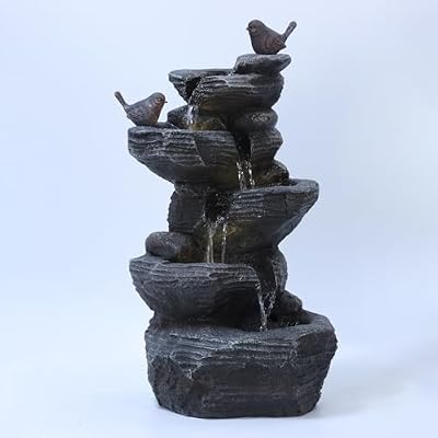 Outdoor Waterfall Fountain with Cascading Rock and LED Lights - Indoor Tabletop Water Fountains Resin Tiered Stones for Office Patio Home Decor 5-Tiers