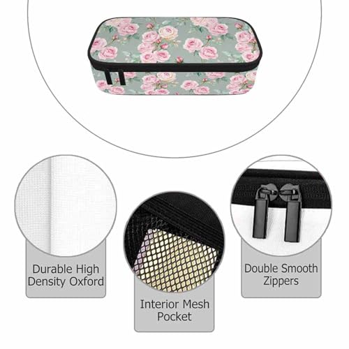 Image of Pink Blooming Flower Pencil Holder Bag Roses Peonies Bouquets Leaves Garden Pencil Case College Office School for Teens Boy Girl