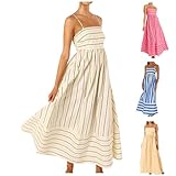 Cut Out Dresses Women Summer Striped Dress Flowy Maxi Dress Back Smocked Dress Sexy Spaghetti Strap Dress Swing Long Dress Beige