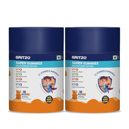 Image of Gritzo Super Gummies, Multivitamin for Kids (Natural Orange Flavour, 30 Gummies) | Zero Added Sugar, 21 Vitamins & Minerals | Pack of 2