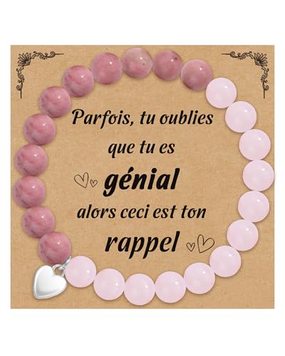 CheersLife Cadeau Femme Bracelet Pierre Naturelle Femme avec Pendentif en Cœur Idee Cadeau Anniversaire pour Maman Fille Sœur Amie Couple Collègues - Quartz Rose & Rhodonite