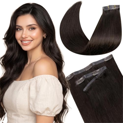 Image of LaaVoo Seamless Clip in Hair Extensions Real Human Hair Dark Brown Seamless Clip in Human Hair Extensions Seamless Hair Extensions Clip ins Invisible PU Weft 18 Inch 7pcs 110g
