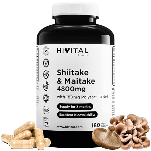 Shiitake y Maitake 4800 mg. 180 cápsulas veganas para 3 meses de tratamiento. 30% Polisacáridos. Mezcla de Extractos naturales de Shitake y Maitake. Fabricado en España por HIVITAL