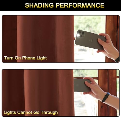 Timeper TPUSCVBR2-5278C09FB Burnt Orange Blackout Curtains - 100% Blackout Liner Lined Velvet Curtains, Back Tab Rod Pocket Top Window Treatment Set thumb #4