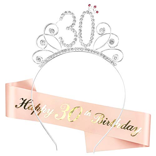 Zaloife 30. Geburtstag Krone Schärpe, Geburtstag Tiara Silber Geburtstag Schärpe Roségold, Junggesellinnenabschied Set für 30 Geburtstag Deko Geschenk und Frauen Party Accessoires