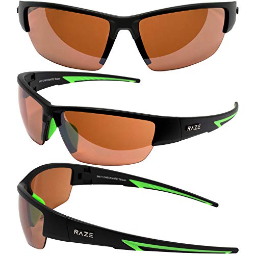 Raze Checkmate Sport Sunglasses Black Matte Frame with Green Accents & HD Amber Lens4