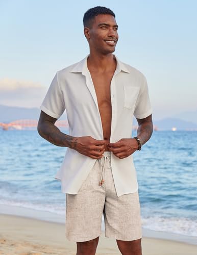 Image of COOFANDY Mens Casual Linen Shorts Elastic Waist Drawstring Loose Fit Summer Beach Vacation Shorts with Pockets
