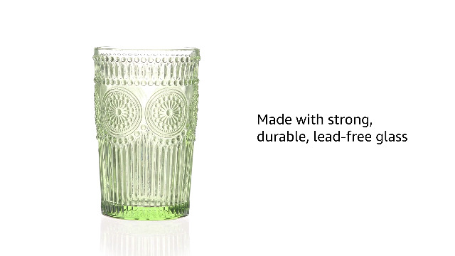 Kingrol 6 Pack 12 oz Vintage Drinking Glasses, Embossed Romantic Water Glassware, Glass Tumbler Set for Juice, Beverages, Beer, Cocktail (Green)