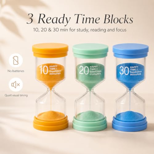 Image of 3 Pack Sand Timer Set, 10 20 30 Minute Colour Coded Hourglass for Kids Study, Homework, Kitchen, Classroom and Desk, Protective Plastic Frame