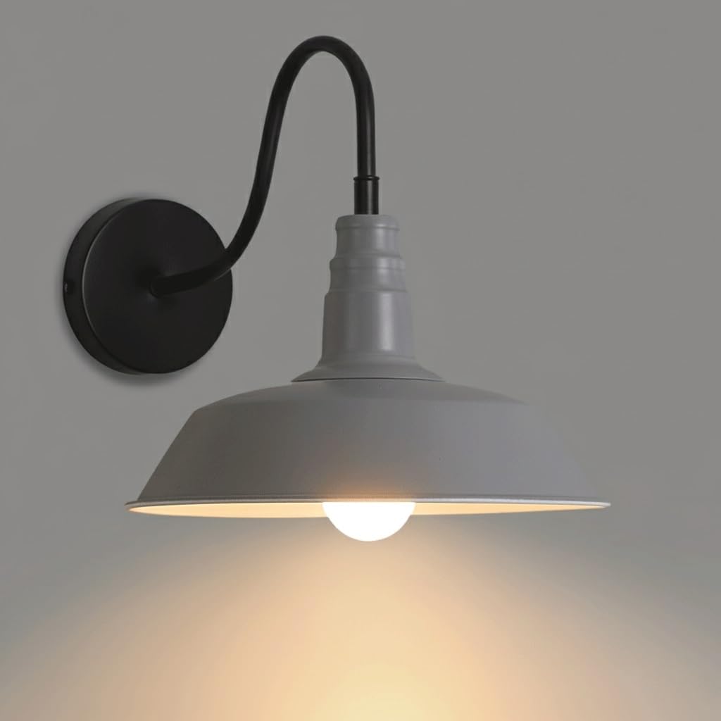 IvyLoutish Modern Industrial Barn Wall Sconce, Colorful Farmhouse Gooseneck Wall Light with Metal Umbrella Shade, Vintage Fixture for Restaurant Bar BBQ Shop Kitchen Decor, E26/E27(Gray)