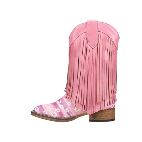 ROPER Kids Girls Double Fringe Glitter Metallic Square Toe Casual Boots Mid Calf - Pink3
