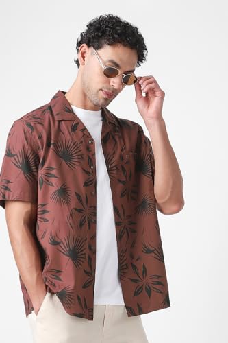 Image of Peter England Men's Cotton Blend Classic Fit Floral Print Casual Shirt | Cuban Collar, Half Sleeves | Casual Wear