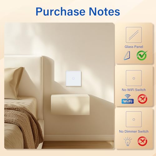BSEED Touch Light Switch, Tempered Glass Panel with LED Indicator, 1 Gang 1 Way Touch Switch White, No Neutral Wire - Image 2