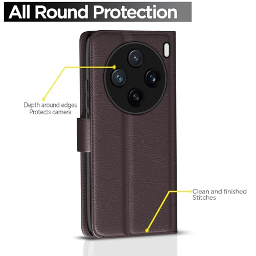 Image of Pikkme Flip Cover Leather Finish | Inside TPU with Card Pockets | Wallet Stand and Shock Proof | Complete Protection Button Flip Case for Vivo X200 5G(Coffee)