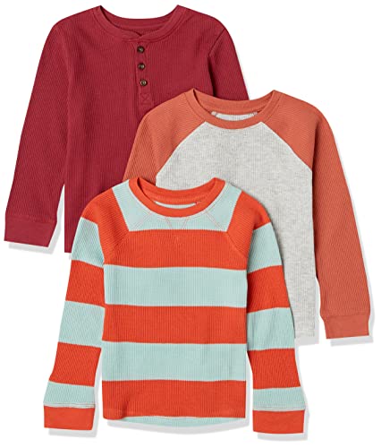Amazon Essentials Boys Long-Sleeve Cotton Thermal T-Shirt Base Layer Pack of 3 Burgundy/Grey/Orange Rugby Stripe X-Small