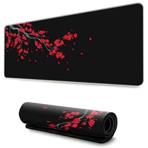 Hixingo Alfombrilla Ratón XXL/XL/L, Sakura Negro Alfombrilla Rató, Alfombrilla Gaming con Bordes Cosidos y Base Antideslizante, Mouse Pad para Hogares y Oficinas (600x300x3mm,Rojo)