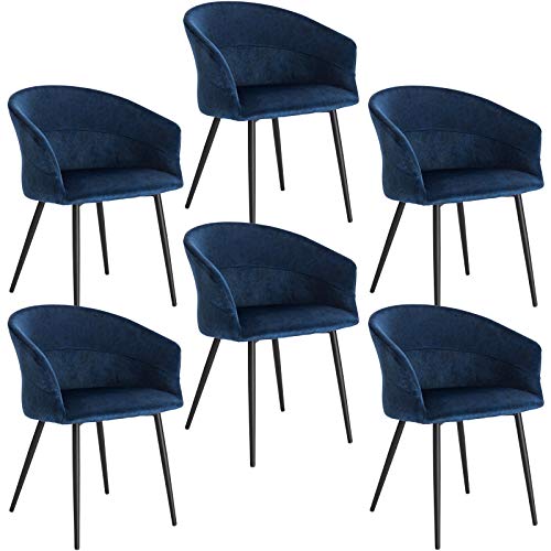 ELIGHTRY Lot de 6 Chaises de Salle à Manger Rétro Chaise de Cuisine avec Dossier et Accoudoirs Chaise de Salon Assise en Velours et Pieds en Métal,Bleu