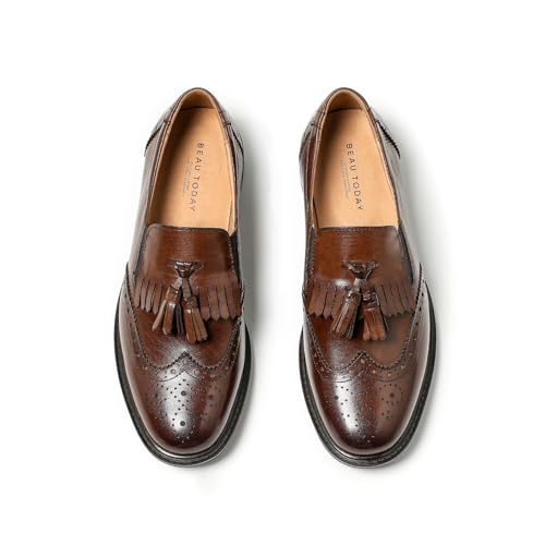 BEAU TODAY Tassel Loafers for Women,Leather Brogue Dress Shoes,Wingtips Oxford for Women,Breathable Comfortable Slip-on Lace-up Handmade Flat Shoes for Business Work Coffee US 7.5