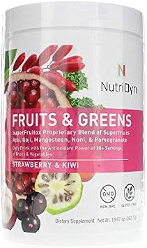 NutriDyn Fruits & Greens Strawberry/Kiwi Flavor *Certified Organic* w/ Acai, Gogi, Mangosteen, Noni & Pomegranate Super Fruits 300 Grams Strawberry Kiki