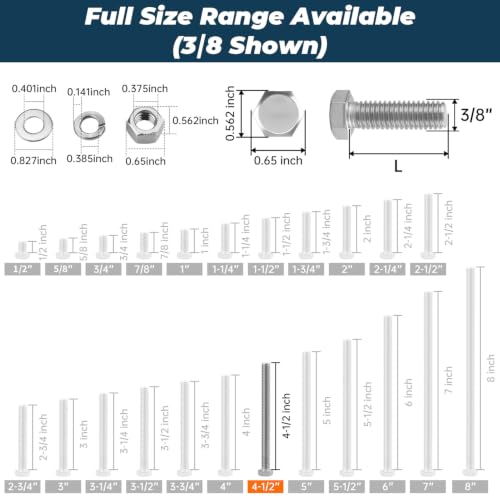 Image of 6 Sets Glvaner 3 /8-16 x 4-1 /2 inch Stainless Steel Hex Head Screws Bolts, Nuts, Flat & Lock Washers, 18-8 (304) Stainless Steel, Full Thread, Coarse Thread