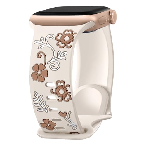 Gravé Floral Bracelets Compatible avec Apple Watch Bracelet 40mm 42mm 44mm 38mm 46mm 45mm 41mm 49mm,Souple Silicone Sport Bicolore Bracelet pour iWatch SE 3/2/1 Bande Séries 11 10 9 8 7 6 5 4 3 Strap