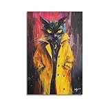Eine auffällige schwarze Katze in leuchtend gelbem Fell mit intensiven gelben Augen. Kunstposter, Leinwand, Wandkunst, abstrakt, modern, Wandbild, dekoratives Gemälde, zum Aufhängen, 30 x 45 cm