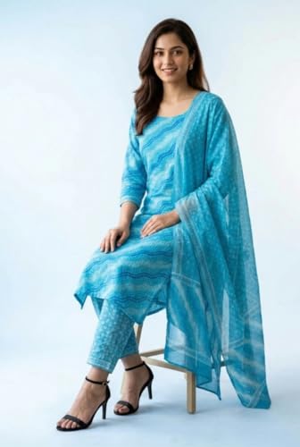 Image of Eddika women unstitched hand block printed cotton suit set with mulmul dupatta ehbpcswmd0120P
