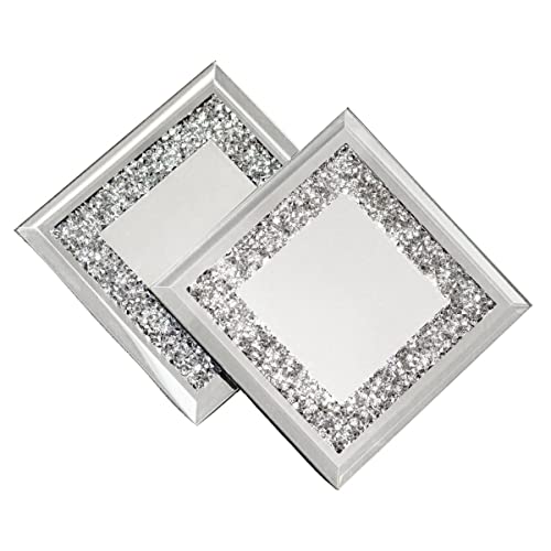 Crystal-Filled Coaster Set, Sparkling Rhinestones In Mirrored Glass With Protective Back, For Timeless Functional Home Décor, Silver, 4", Set Of 4 #TOP22