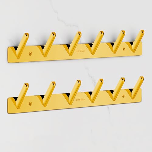Plantex Wall Hooks for Hanging Cloth/Stainless Steel Towel Hangers/Bathroom Robe Hooks/Door Hangers/Square Wall Hook/Hook Rail for Hanging Keys - 6 Hooks (Pack of 2, PVD Gold)