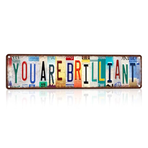 16X4 Inch Retro Tin Signs Plaque Aluminum Metal Sign, You Are Brilliant Positive Affirmation Street Design, Classroom Inspirational Wall Ornament For School Classroom And Student Common Area Layout