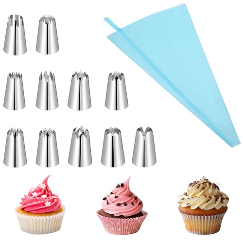12PCS Piping Tips Set, Cake Decorating Tips Kit Stainless Steel Large Piping Tip with Reusable Pastry Bag & Coupler for DIY Cake Decorating Pastry Dough, Cookie, Cupcake, Frosting