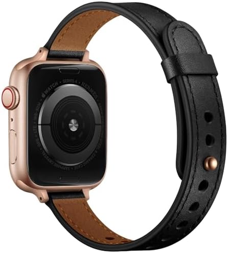Leather Band for Apple Watch 44/45/46/49mm+42mm Series 1-3, Black/Rose Gold