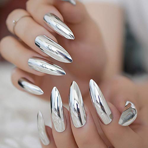 CoolNail Metallic Mirror Extra Long Stilettos Sharp False Nail Metal Silver Fake Nails Acrylic Artificial Stiletto Nail Art Fuax Ongles