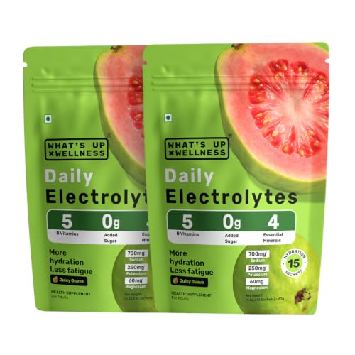 Image of What's Up Wellness Daily Electrolytes Powder - Juicy Guava Flavour | Zero Added Sugar | Instant Hydration - Sodium, Potassium, Magnesium & Zinc | Vegan - 30 Sachets | Pack of 2