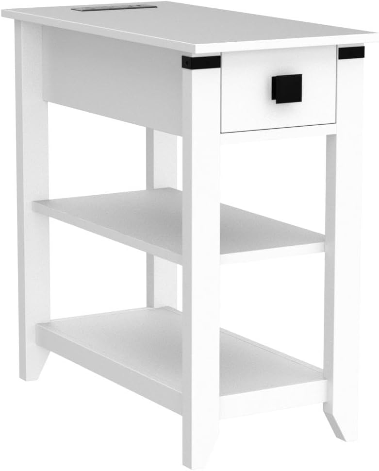 Narrow End Table with Charging Station, Side Table with USB Ports and Outlets, Nightstand for Small Spaces, Slim Sofa Side Table with Storage Drawer for Living Room, Bedroom, White