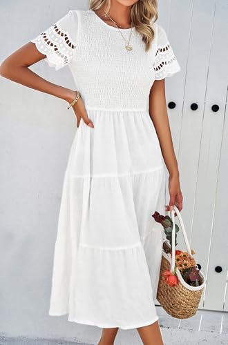 Image of Sumleno 2026 Women's Summer Midi Dresses Short Sleeve Smocked Tiered Dress Vacation Beach Wedding Guest Elegant Boho Sundress