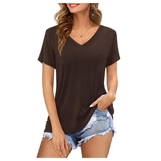 Amoretu blusa feminina básica de cor sólida com gola V e manga comprida, A-brown, Medium