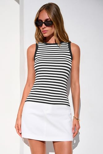 Image of PRETTYGARDEN Summer High Neck Striped Tank Tops for Women Casual Sleeveless Sweaters Basic Ribbed Knit Slim Fitted Shirts