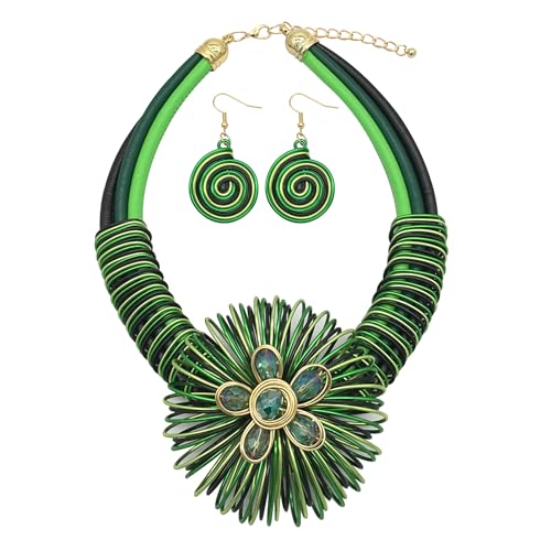 RUIYIMING Statement African Necklace For Women African Jewelry Costume Earring Sets Tribal Fashion Colorful Big Rhinestone Crystal Pendent Collar Choker Bold Chunky Bib Handmade (Flower green)