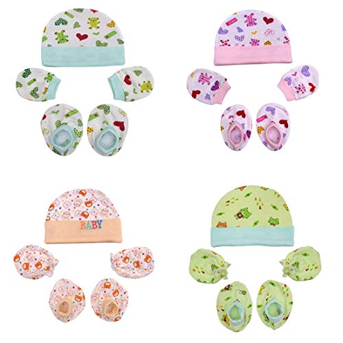 CUTEABLY® Newborn Baby Soft Cotton Caps Mittens and Booties (Multicolour) -Combo Pack of 4