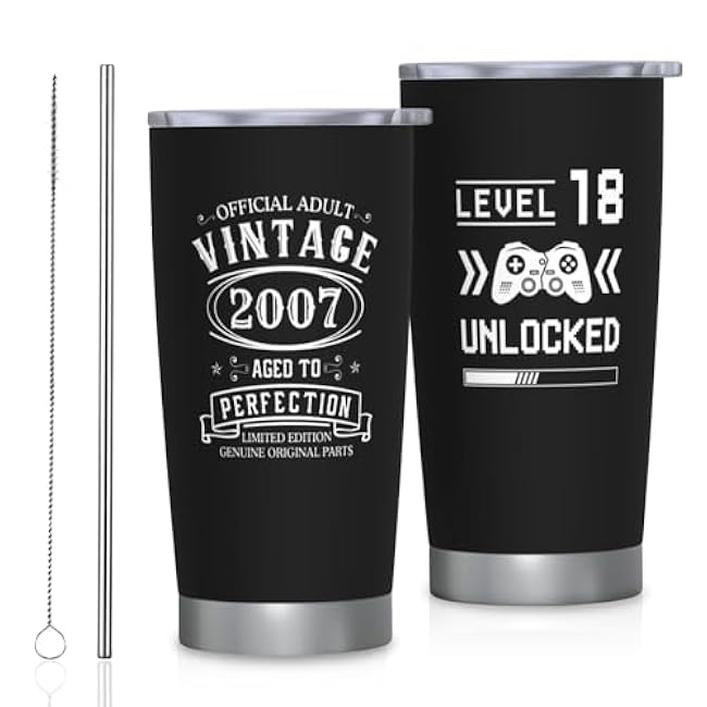 18th Birthday Gifts for Boys, 18th Birthday Decorations for Boys, 18 Year Old Tumbler 20oz, 18 Year Old Boy Gifts Stainless Steel Insulated Travel Mug, 2007 Bday Gift for Him Coffee Cup