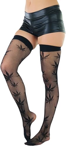 Image of ToBeInStyle Women's Thigh High Stockings Bodystocking Tights Medicinal Cannabis Marijuana Weed Leaf Print Festival Hosiery