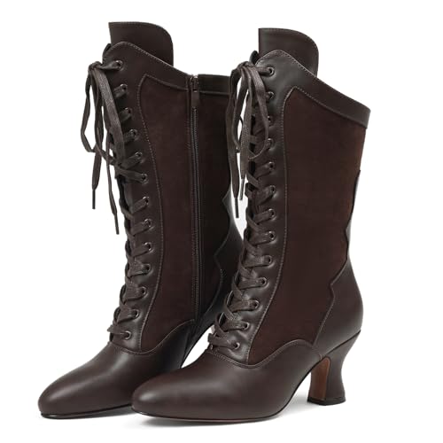 Erocalli Vintage 70s Victorian Boots for Women Halloween Brown Witch Boots - Mid-calf Lace Up Kitten Heel Goth Cosplay Fall Shoes Novety