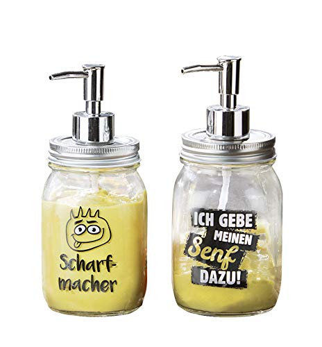 Gilde Distributeur de Sauce 2 pièces Moutarde en Verre avec Pompe Argent et 2 énonciations rigolotes 7,5x11x19,5 cm (L xlxh)  