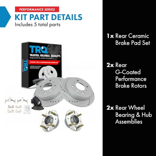 Image of TRQ Performance Rear Brake Pad and Rotor Set Ceramic Drilled Slotted Coated Wear Sensor Compatible with 1990-1994 Acura Integra