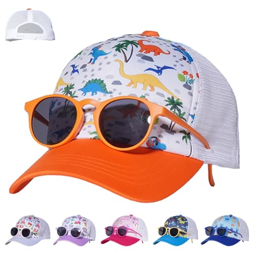 LUKIUP Basecap Niños Set Cap Niños y Gafas de Sol Protección UV Creeper Parasol Gorra Regalos Niños, Dinosaurios, 50-54