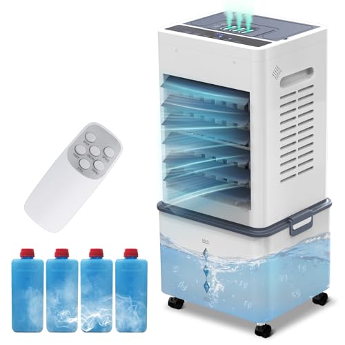 Image of ARTETHYS Portable Air Conditioner Cooler, 10L Evaporative Air Cooler Fan for Bedroom with Cool Mist, 7 LED Light, Remote Control, 6 Speeds, Humidifier, 4 Ice Packs, 24H Timer, White Grey