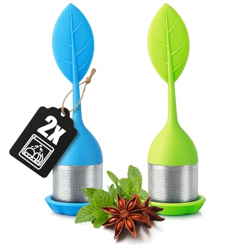 Wilhelm Sell® 2x Infusores de Té Acero & Silicona - Bola con Tapa y Soporte en 2 Colores - Filtro Fino para Té Suelto & Especias - Inoxidable