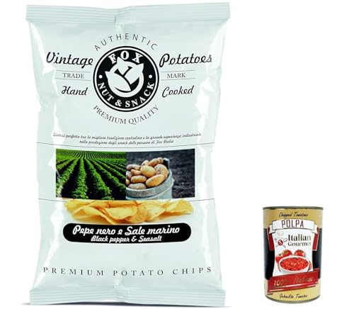 20x FOX Natural Quality Vintage Potatoes schwarzer Pfeffer und Meersalz, Premium italienische handgefertigte Kartoffel crisps chips 120g + Italian Gourmet polpa 400g