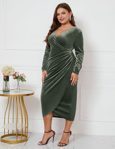 Image of ZOMVA Plus Size Velvet Wrap Dress Ruched Bodycon Dress Long Sleeves Ruffle Long Elegant Party Wedding Guest Cocktail Holiday
